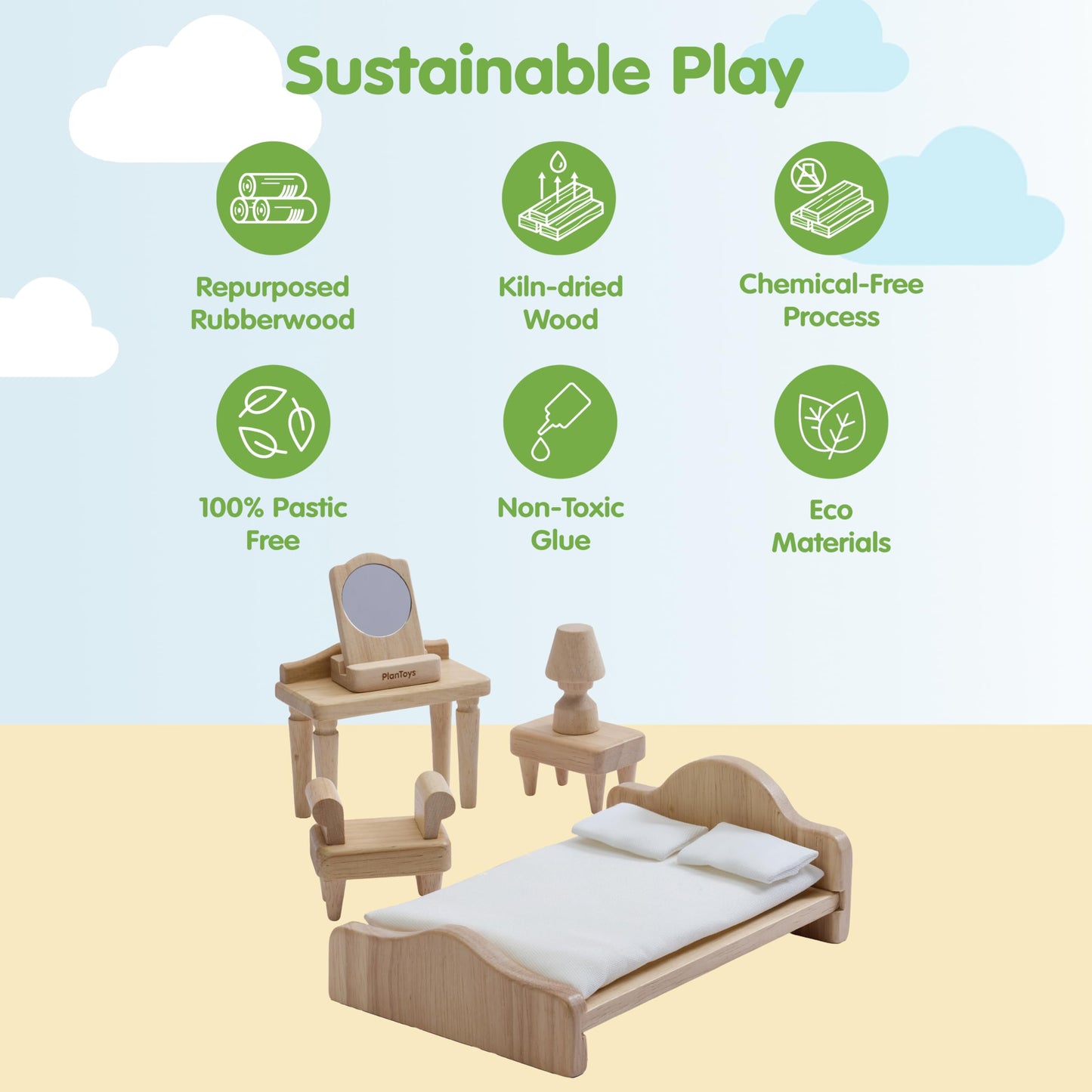PlanToys® Wooden Victorian Bathroom & Bedroom Dollhouse Furniture Set | Montessori 1:12 Scale Pretend Play Bundle for Daily Routines, Self Care, Rest & Eco Friendly Storytelling Play