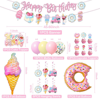 JUYRLE Sweets Birthday Party Decorations for Girls- Pastel Ice Cream Party Supplies, Donut Balloons Happy Birthday Banner Cupcake Topper Candy Theme Birthday for Baby Shower Wedding