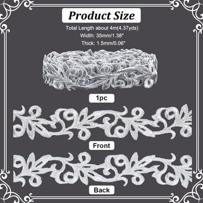 NBEADS About 4.37 Yards(4m) Silver Embroidery Polyester Ribbons, 1.38" Wide Metallic Lace Trim Iron on Metallic Flower Lace for Sewing Costumes Gowns Home Decor Garment Accessories, Thick:1.5mm