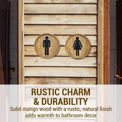 MyGift 10 Inch Round Rustic Solid Mango Wood Wall Hanging Mens and Womens Bathroom Signs with Matte Black Metal Cutout Male Female Gender Symbols, 2 Piece Set - Handcrafted in India