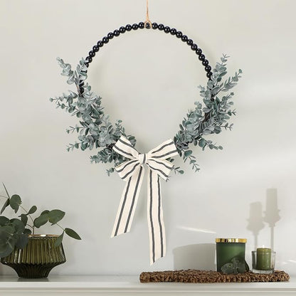Wood Bead Eucalyptus Leaf Wreaths - 13 Inch Natural Greenery Wreaths Boho Wall Hanging Decoration for All Season Bedroom Room Rustic Farmhouse Home Indoor Outdoor Window Decor