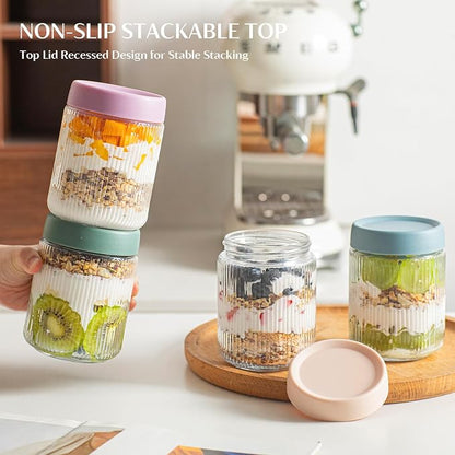 INSETLAN 16oz Glass Overnight Oats Containers with Lids – 6 Pack, Ribbed Glass Mason Jars for Meal Prep, Glass Food Storage Containers for Chia Pudding, Yogurt, Snacks, Fruit & Vegetables, Milk