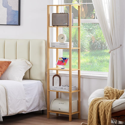 YUFAM 66in Tall Bookshelf 6-Tier Small Narrow Bookcase, Skinny Book Shelf for Small Space, Farmhouse Slim Shelf with Storage, Wood Freestanding Display Thin Bookshelves for Living Room, Natural