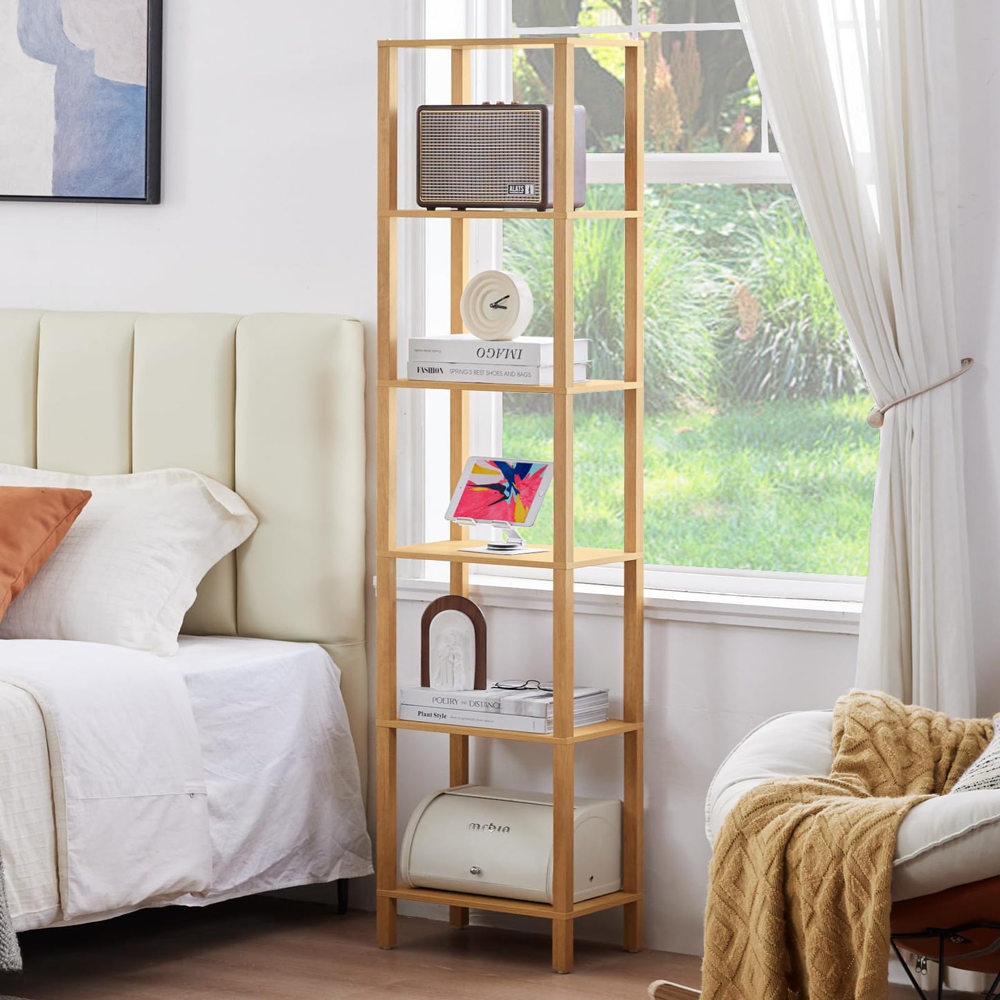 YUFAM 54in Tall Bookshelf 5-Tier Small Narrow Bookcase, Skinny Book Shelf for Small Space, Farmhouse Slim Shelf with Storage, Wood Freestanding Display Thin Bookshelves for Living Room, Natural
