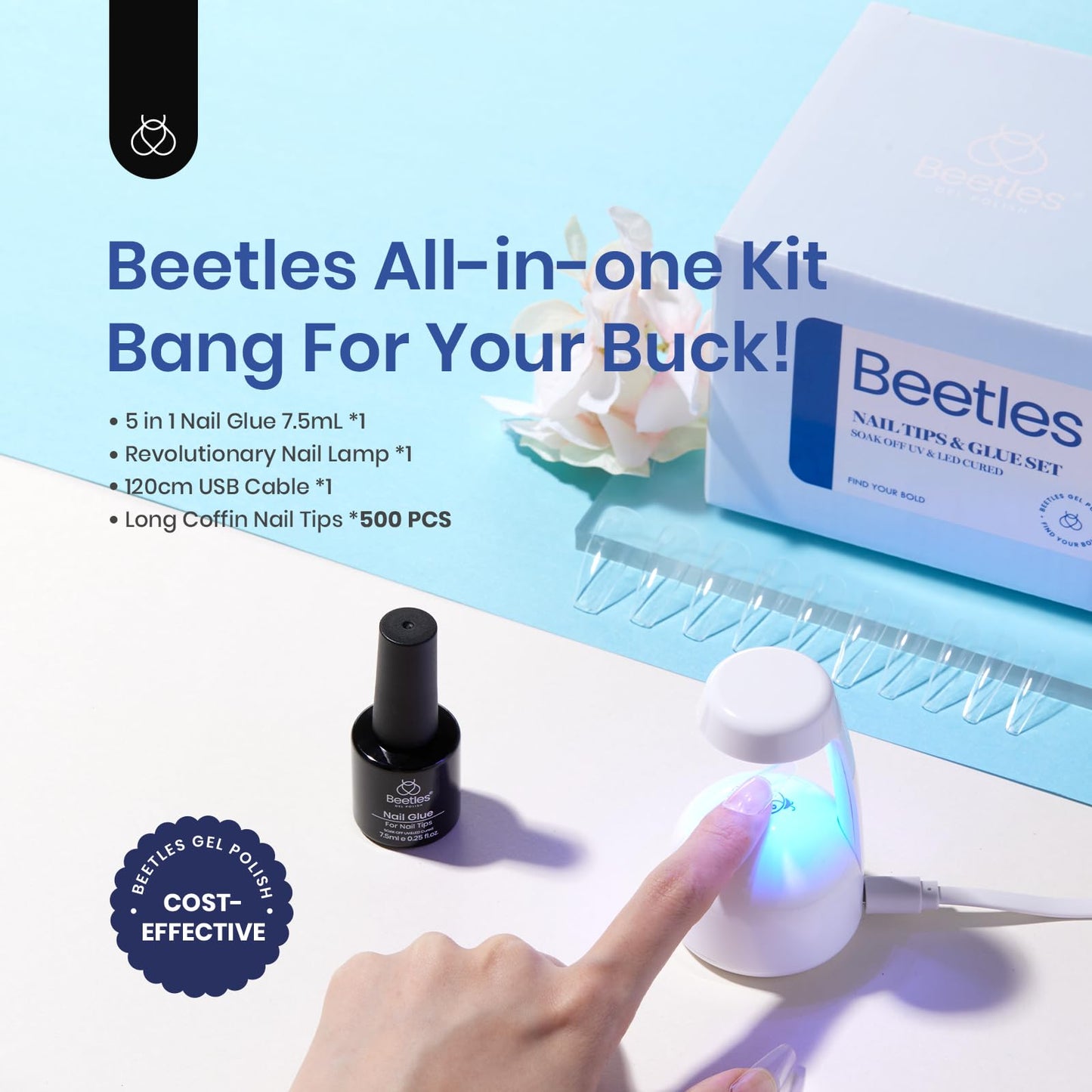 Beetles Gel Nail Extension Kit Almond Shape, Easy 9 in 1 Glue Uv Led Set Etch X Nail Tips Short Almond Half Matte Tips, Gift for Women & Girls, 504 pcs