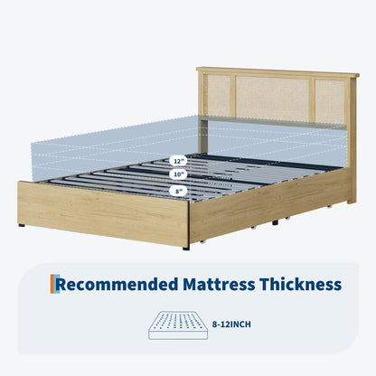 GAOMON Full Size Rattan Bed Frame with Natural Woven Headboard, Strong Wooden Slats and Metal Platform Base, Quiet Design, No Box Spring Required, 4 Storage Drawers