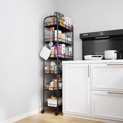 6 Tier Slim Storage Cart with Wheels, Metal Mobile Shelving Unit Organizer Utility Cart for Office Bathroom Kitchen Laundry Room Narrow Places (10inches)