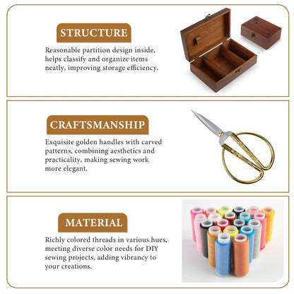 Mother's Day Gift Sewing Kit for Adults Wooden Sewing Box with Thread Scissors Thimble Needle Cushion Seam Ripper Retro Wooden Sewing Basket Sewing Supplies for Beginners