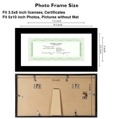 JCJMY 5x10 Business License Frame Black for 3.5x8 Standard Business License with Mat or 5 x 10 Picture without Mat, 5x10 Frame with Shatter Resistant Plexiglass for Wall Hanging or Tabletop, Black