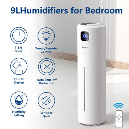 Akeshan Large Humidifiers for Bedroom, 9L/2.5Gal Ultrasonic Cool Mist, Top Fill Easy Clean with 350ML/H Mist Speed, Quiet, Suitable for Kids Room Plant Yoga Office Study Room Living (White, Round)