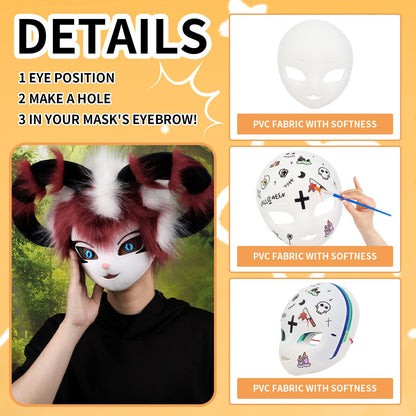 YLOVEFUR 3 PCS DIY Full Face Masks White Paintable Animal Fox Mask for Halloween Masquerade Cosplay Party Costume Accessories