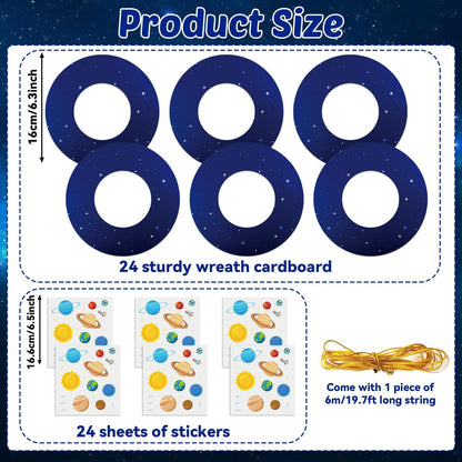Lonfliness 24 Sets Space Wreath Craft Kits DIY Hanging Decor Solar System Paper Wreath Craft Ornament with Planet Stickers Outer Space Party Supplies for Home School Classroom Activities