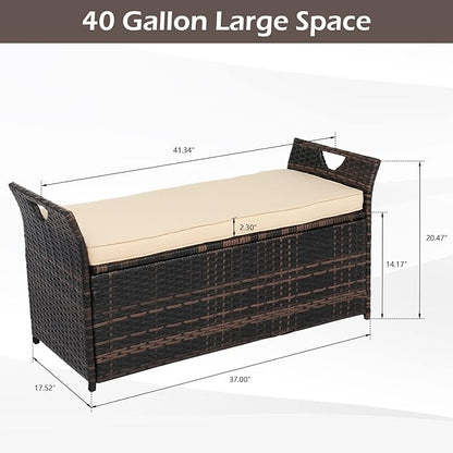 VINGLI 40 Gallon Outdoor Rattan Deck Box w/Cushion, Patio Wicker Storage Box, Garden Deck Storage Bin for Garden, Balcony, Porch, Pool, Yard, Brown