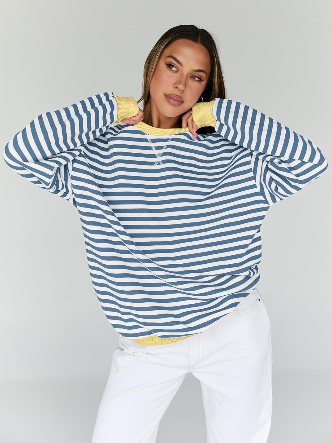 Trendy Queen Oversized Sweatshirt for Women 2025 Fall Crewneck Striped Long Sleeve Shirts Hoodies Cute Top Y2K Outfits