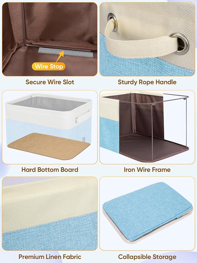 BALEINE 4 Pack Fabric Closet Storage Bins for Shelves, Linen Closet Organizers and Storage, Decorative Baskets for Organizing, Shelf, Clothes, Home, Office (Skyblue, 14''x10''x8.5'')