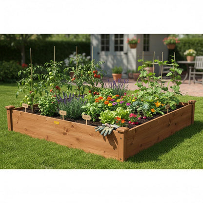 Hollyone 48" X 48" inches Wood Raised Garden Bed Frame Planters Wooden Elevated Planting Planter Box for Outdoor Herb Vegetables Flowers Grass Lawn Yard Patio - Brown 4×4ft