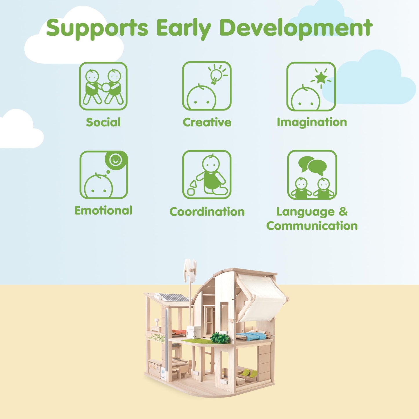PlanToys® Green Wooden Dollhouse with Furniture | Eco Friendly Doll House with Solar Panel, Wind Turbine & Recycling System | Pretend Play Dollhouse for Sustainable Living Role Play