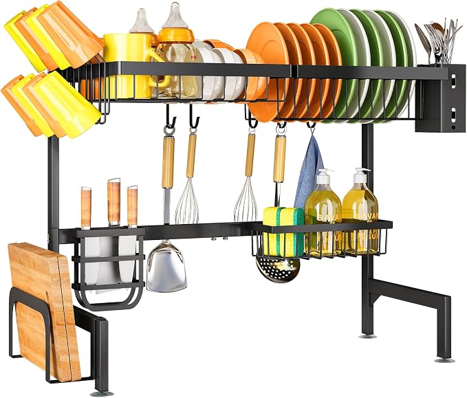 SNTD Over The Sink Large Dish Drying Rack, Metal, 26.8"-34.6", Black | Adjustable Length, Rust-Resistant, Utensil Holder, Cup Holder, Cutting Board Holder, Knife Holder, Sponge Holder and Hooks
