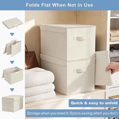Bagnizer Large 42 Quarts Collapsible Stackable Storage Bins Cube with Lids [3-Pack] Foldable Fabric Linen Storage Boxes, Closet Organizer Baskets with Label for Home (16.7 x 12 x 12, Beige)