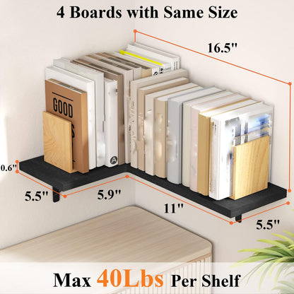 Love-KANKEI Corner Shelf Wall Mounted,Floating Wall Shelves for Storage,Rustic Wood Hanging Shelves for Display,Bathroom Kitchen Bedroom Living Room,Set of 4,Black