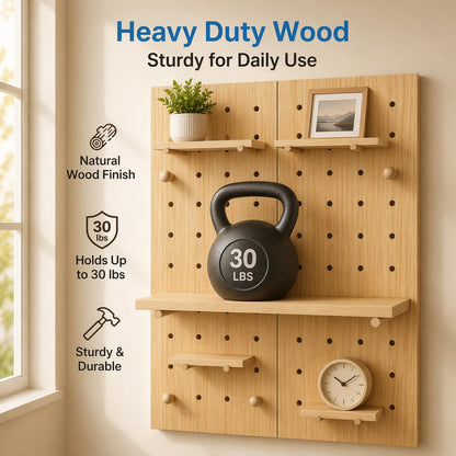 Lumiterra Large Wood Pegboard Wall Organizer - Heavy Duty 2-Panel Wooden Peg Board Kit with Shelves, Modular Wall Storage Display for Craft Room, Office, Bedroom