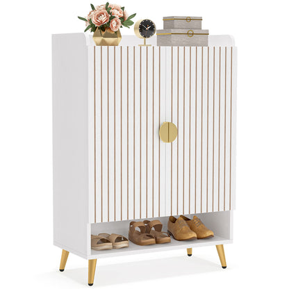 Tribesigns Shoe Cabinet with Doors, 6-Tier Shoe Storage Cabinet with Adjustable Shelves, Wooden Shoes Rack Shoe Storage Organizer for Entryway, Hallway, Closet, Living Room, White & Gold