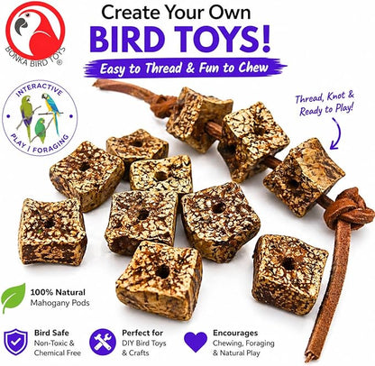 Bonka Bird Toys 3893 Natural Mahogany Sliced Pods Chew Toys, Pack of 12, Durable Bird-Safe Foot Toys, Pre-Drilled for Parrots, Cockatiels, and Small to Medium-Sized Birds, Cage Accessories