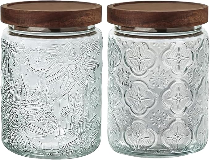 24 OZ Airtight Glass Storage Jar with Bamboo Lid - Vintage Glass Jar Vintage Food Containers Canisters Set for Kitchen Counter & Pantry - Ideal for Sugar, Flour, Coffee, Tea, Candy, Oats -2 Pack