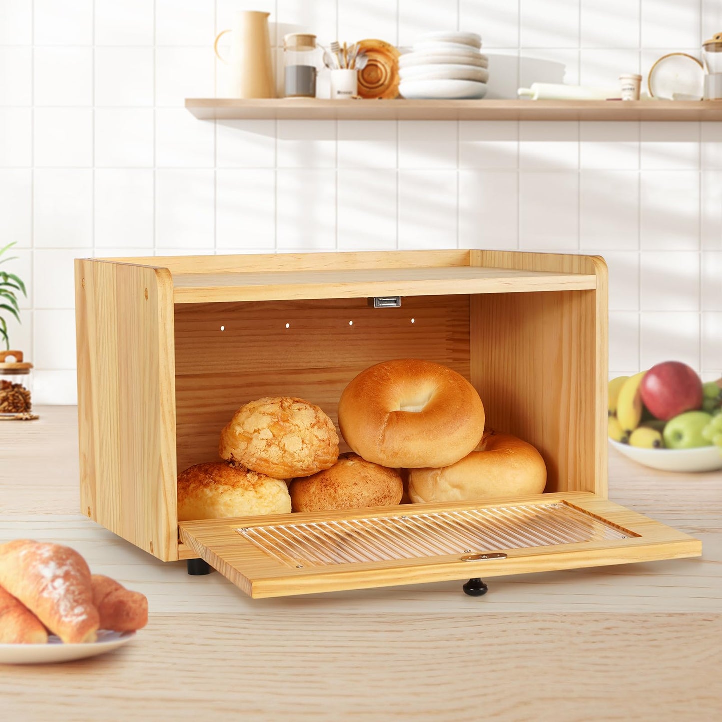 Sunhoo Double Layer Bread Box (L14.4in*W9.4in*H13.4in/Brown) and Single Wooden Bread Storage(L14.37in*W9.25in*H8.66in/Yellow) Rustic Bread Keeper Farmhouse Food Organizer Pantry Shelf Acrylic Window