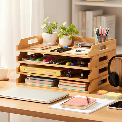 AceOrbit 4 Pcs Stackable Paper Tray Bamboo Wood Desk Organizer Letter Tray 4 Tier Wooden File Organizer Desk Shelf for Documents, Letter Sorter, Envelopes and Magazine Holder