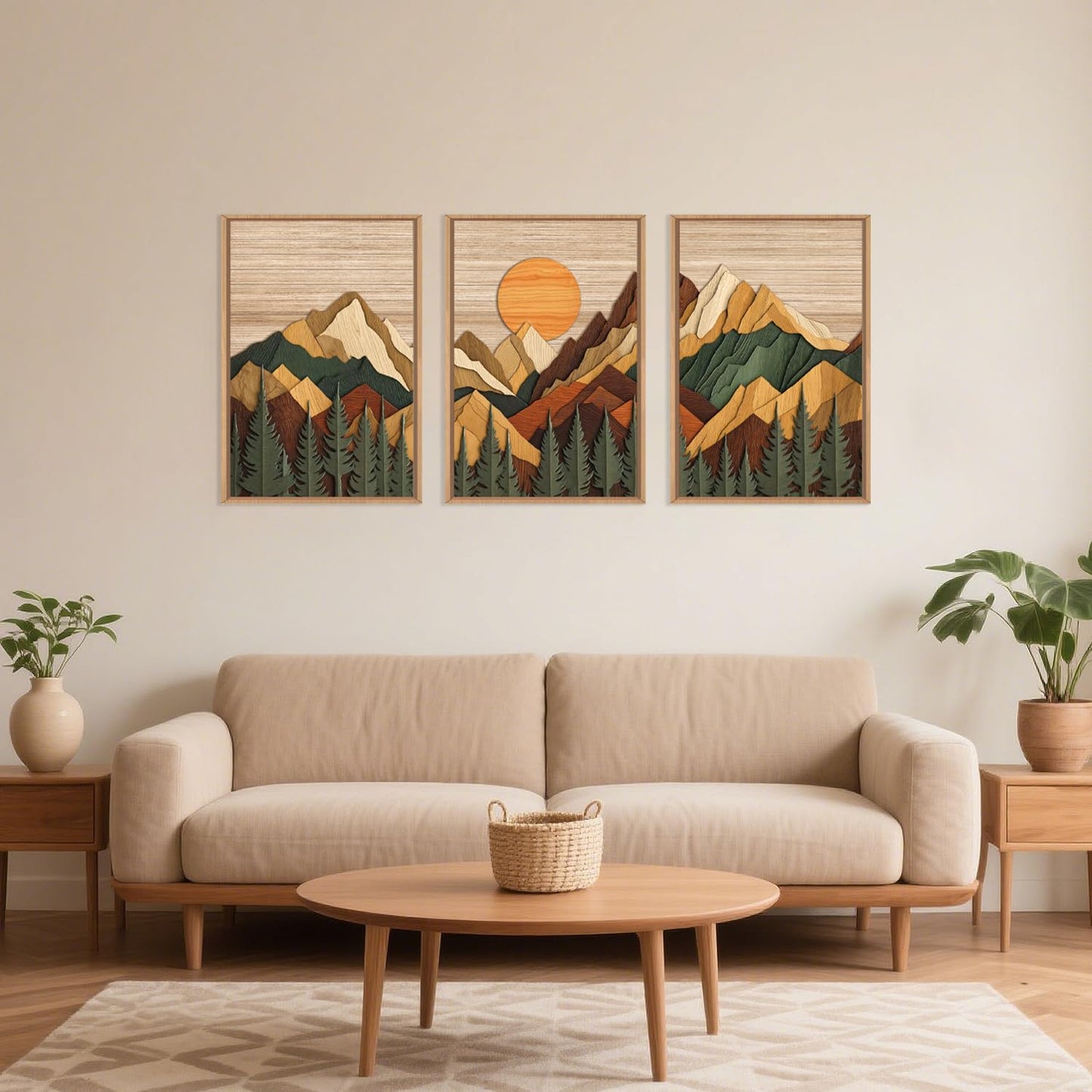 Celestdeco Large Woodcut Style Mountain Framed Canvas Wall Art Set, Woodsy Rustic Ridge Wall Decor, Boho Pine Tree Forest Wall Painting, Abstract Sunrise Wooden Art Print for Living Room, Bedroom, Office - 16"X24"X3 (Not-3D Effect)