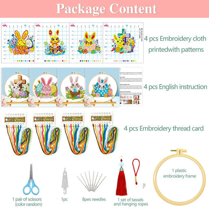 Zhenging Easter Cross Stitch Kit with 4 Bunny & EggPatterns -9.45x9.45 Inch Hoop, Pre-Printed Fabric,Threads, Tools -DlY Easter Craft Gift for Adults, HomeDecor