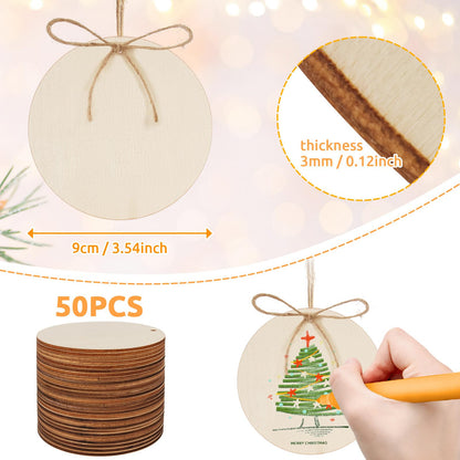 Philorn 50pcs Wooden Ornaments for Crafts 3.5" Unfinished DIY Wooden Ornaments, Predrilled Wood Slices Circles for Crafts Paint Holiday Hanging Decorations