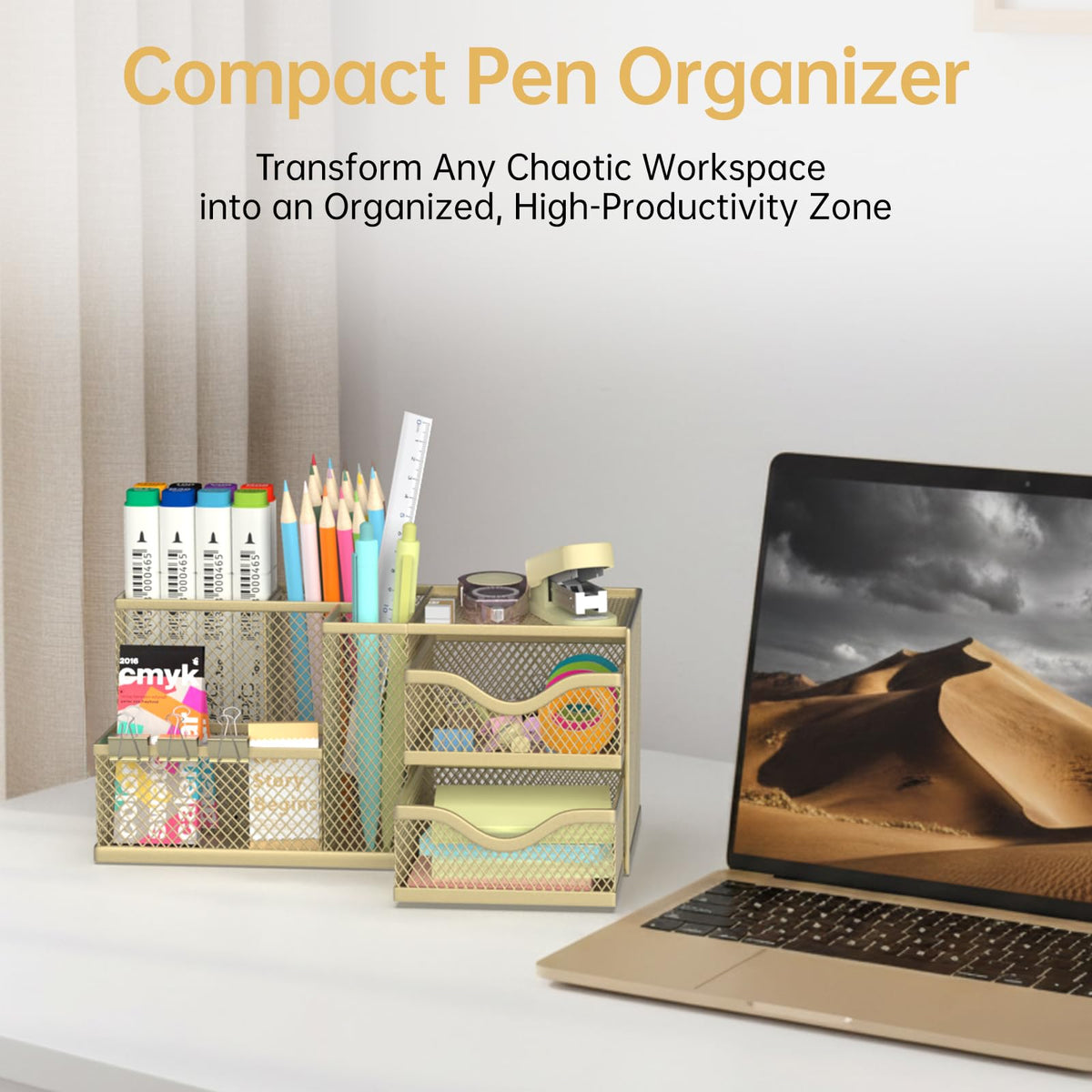 ReePlan Mesh Desk Organizer, Pen Organizer with 2 Drawers and 5 Compartments, Versatile Pen Holder for Small Space, Desk Organizers and Accessories for School Office Supplies, Gold