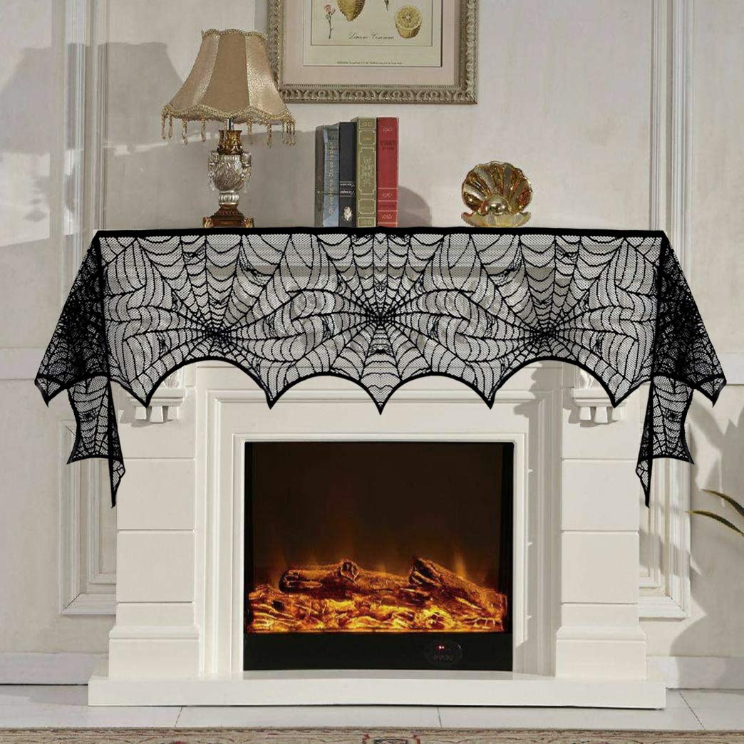 5pack Halloween Decorations Tablecloth Runner Black Lace Round Spider Cobweb Table Cover Fireplace Mantel Scarf Spiderweb Fireplace Scarf Spider Lampshade with 36pcs Scary 3D Bat for Halloween Party