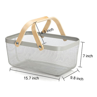 Ymeibe Wire Mesh Storage Organizer Basket Portable Garden Harvest Basket Fruit Basket Bin with Wood Handle Ideal for Kitchen Picnic Pantry Cabinets Storage Home Decor (Cold Gray)