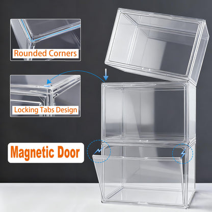 5 Pack XXX-Large Super Large Acrylic Display Case Figures Collectibles Helmet Showcase Boot & Shoe Boxes Clear Stackable Plastic Storage Bins Organizer with Magnetic Lid, 5 Pack with 2 Shoe Bags