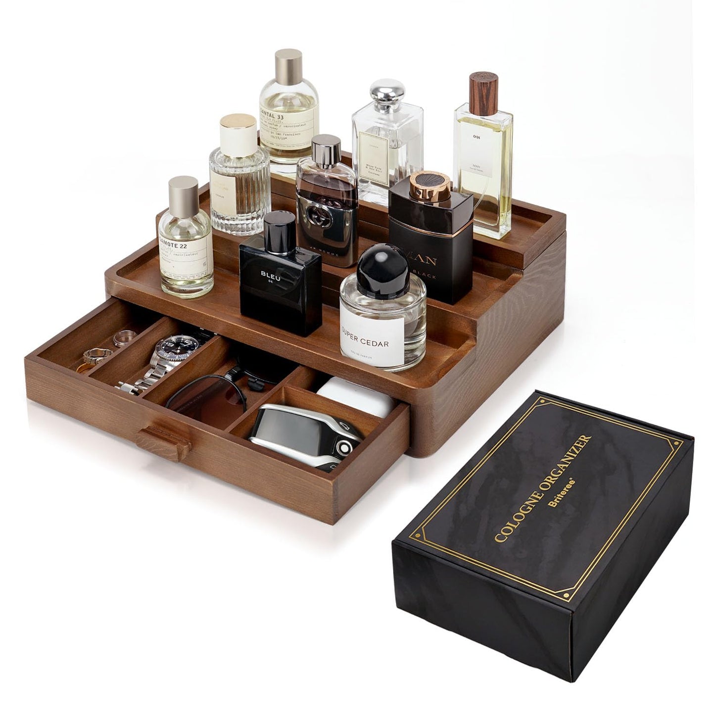 BRITEREE Cologne Organizer for Men, 3 Tier Wooden Cologne Stand with Drawer Storage and Hidden Compartment, Perfume Display Holder for Dresser, Great Gifts for Him Dad Fathers, Brown