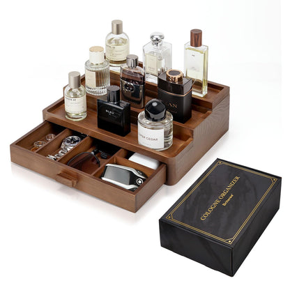BRITEREE Cologne Organizer for Men, 3 Tier Wooden Cologne Stand with Drawer Storage and Hidden Compartment, Perfume Display Holder for Dresser, Great Gifts for Him Dad Fathers, Brown