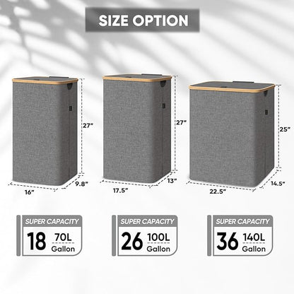 BALEINE Laundry Hamper with Lid, Tall Laundry Baskets with Bamboo Pull Handles