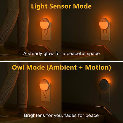 YUNLEX 2 Pack Plug in Sleep Night Light with Motion Sensor and Dusk to Dawn Sensor, 3 Modes, Soft Glow, Stepless Dimming, LED Lights for Bedroom, Sleep, Baby Nursery, Kids, Toddler, Home Decor (Amber)
