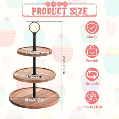 3 Tier Cupcake Stand, Round Wooden Cupcake Display Stand with Metal Handle, Wood Tiered Serving Tray Cupcakes Tower, Rustic Dessert Table Display Holder, for Wedding Tea Party Decor