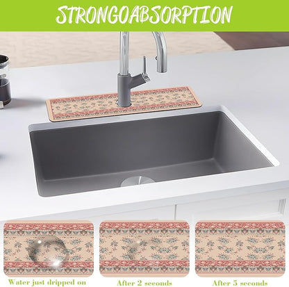 Sink Splash Guard Faucet Mat Retro Boho Flowers Absorbent Fast Drying Mat Sink
