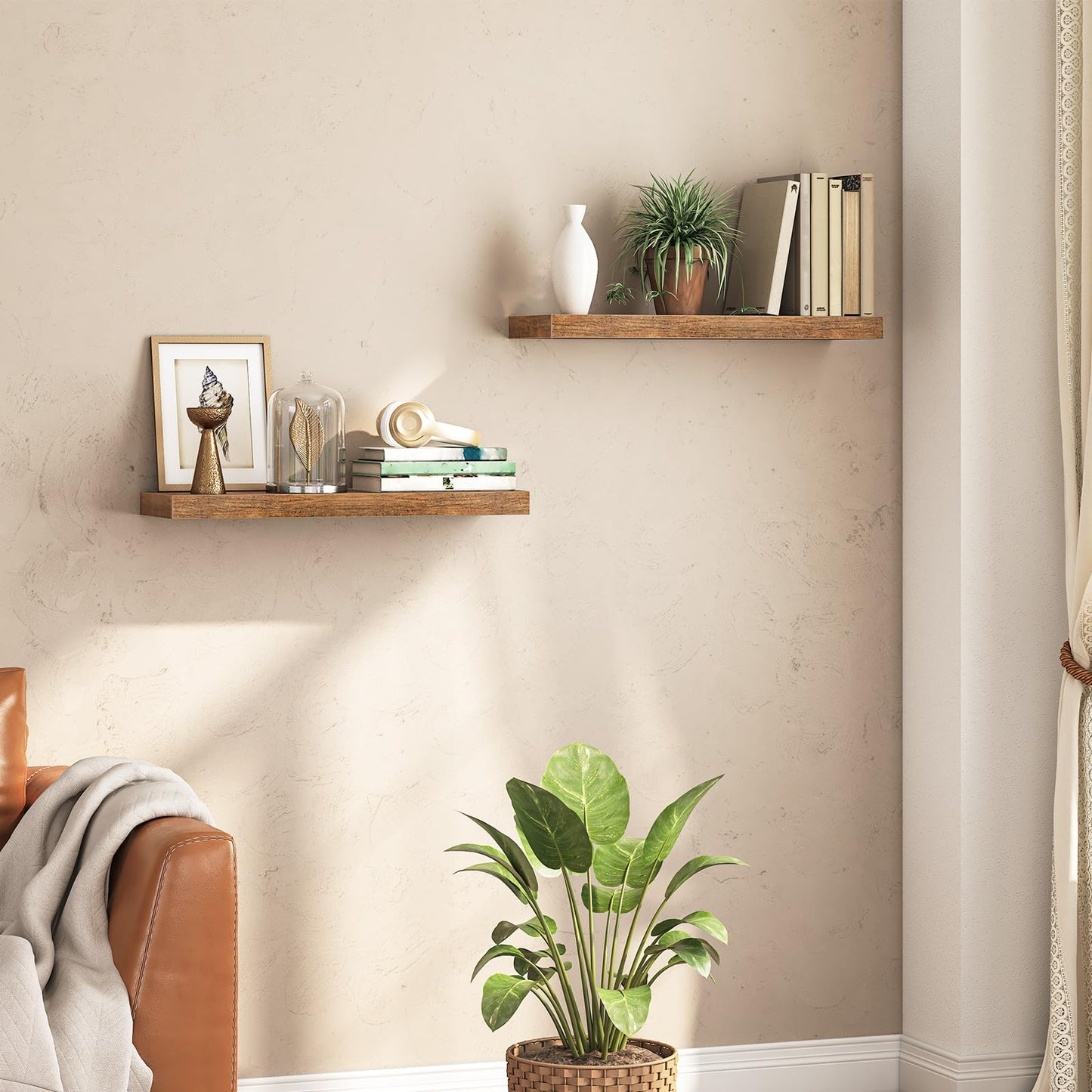 HOOBRO Floating Shelves for Wall, Wall Mounted Shelf Set of 2, 31.5" Hanging Shelf with Invisible Brackets, for Wall Storage in Bathroom Bedroom Kitchen Living Room Office, Rustic Brown BF80BJP201