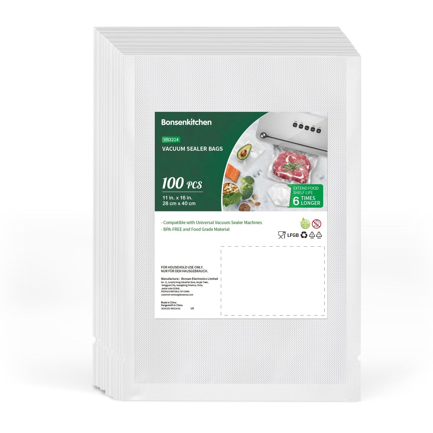 Bonsenkitchen Precut Vacuum Sealer Bags 200 Quart 8" x 12", BPA Free, Commercial Grade Textured Food Vacuum Sealer Bag, Thick Embossed Bags for Storage and Sous Vide Cooking VB3208
