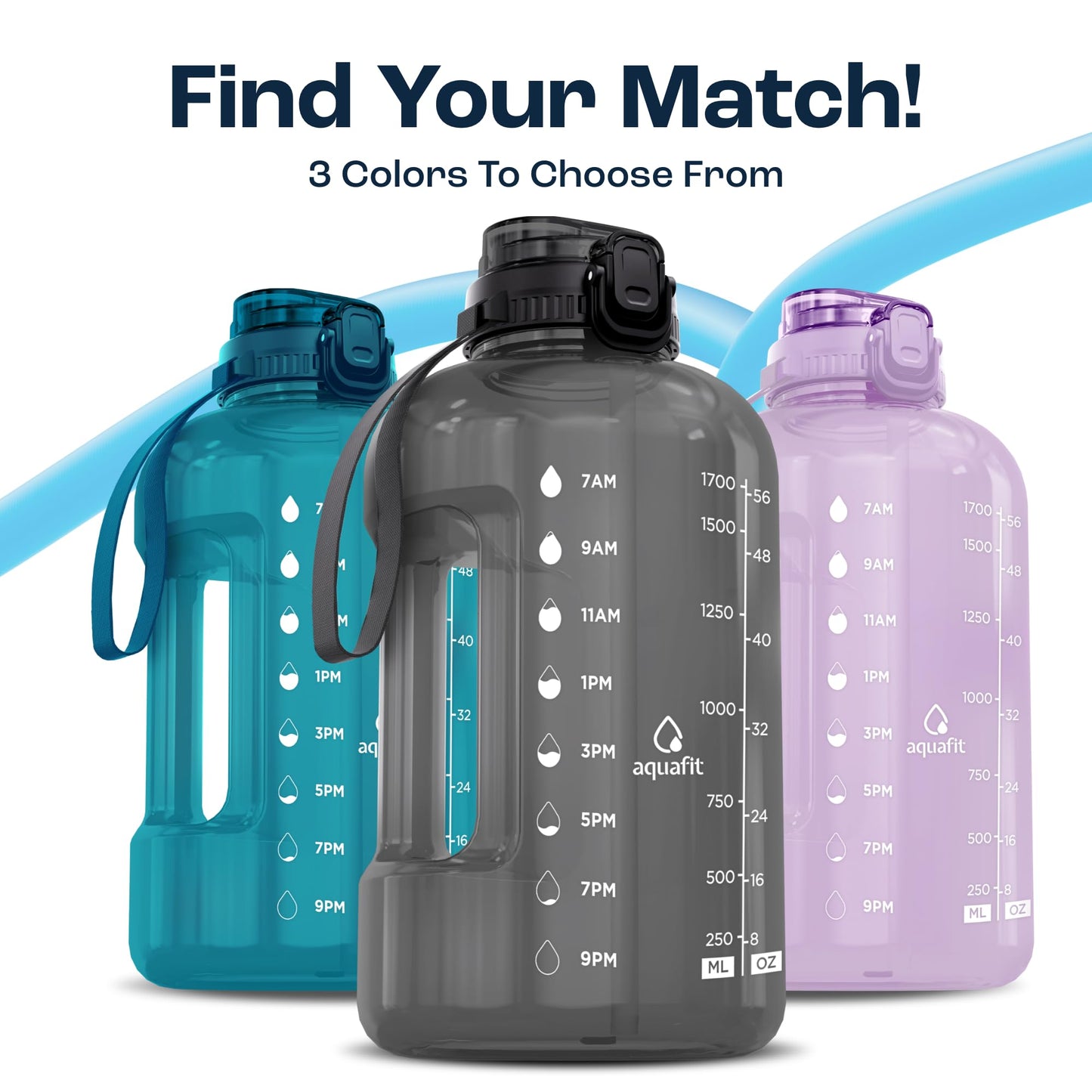 AQUAFIT 64 oz Water Bottle with Time Marker, Half Gallon Gym Bottle with Straw, Handle & 2-in-1 Lid