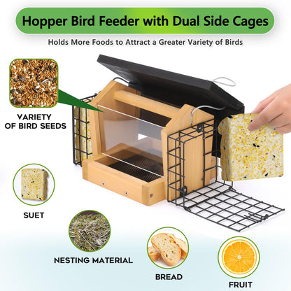 Gbekery Hopper Bird Feeder for Outdoors Hanging, Wooden Bird Feeder with Double Suet Cage and Large Seed Capacity, Cedar Wood Suet Feeder with Weatherproof Roof, Garden Decoration