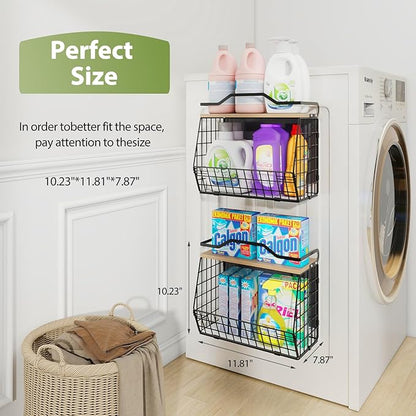 Magnetic Shelf for Fridge with Wood Lid, 2 Tier Fruit Baskets Wall Mounted