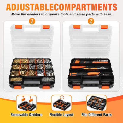 DIYSELF Tool Box, Double-Sided 34-Compartment Tool Organizer, Small Parts Organizer with Adjustable Space, Clear-Lid Small Storage Box for Hardware, Crafts, Beads, Jewelry and Fishing Accessories