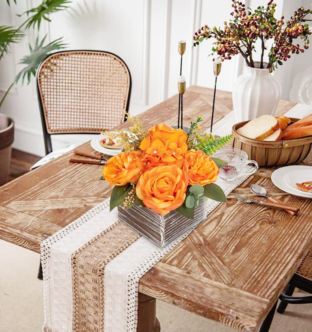 DILATATA Artificial Flower Arrangement, 8'' Orange Roses Peonies Hydrangeas in Wooden Planter, Rustic Fake Flowers in Pot for Home Decor Living Room - 1PC